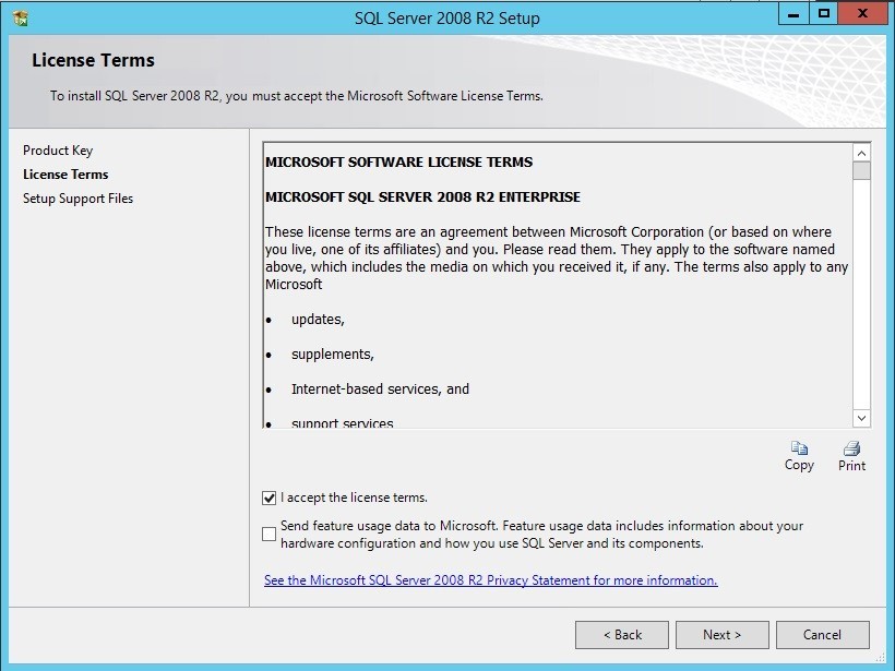 صفحه License Terms در sql server